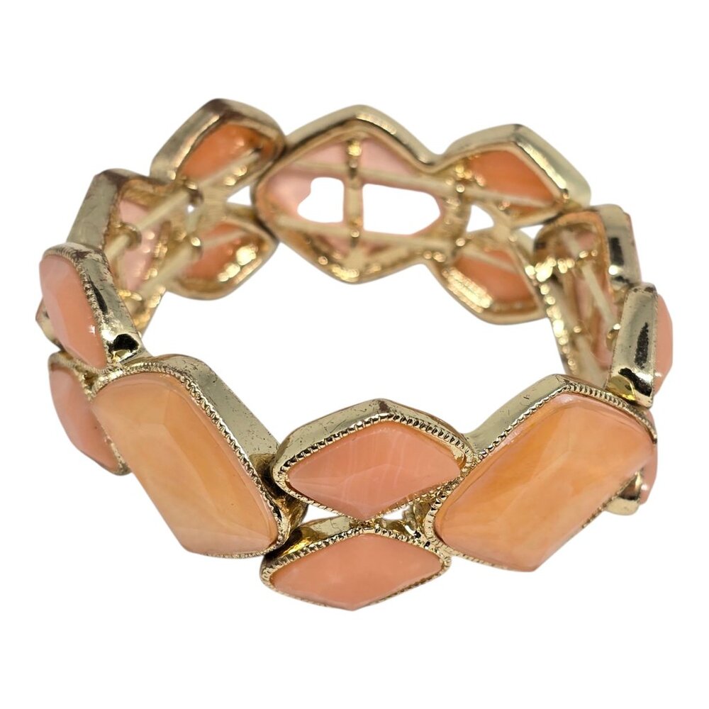 Peach Statement Stretch‎ Bracelet Gold Tone Geometric Lucite Panel Wide